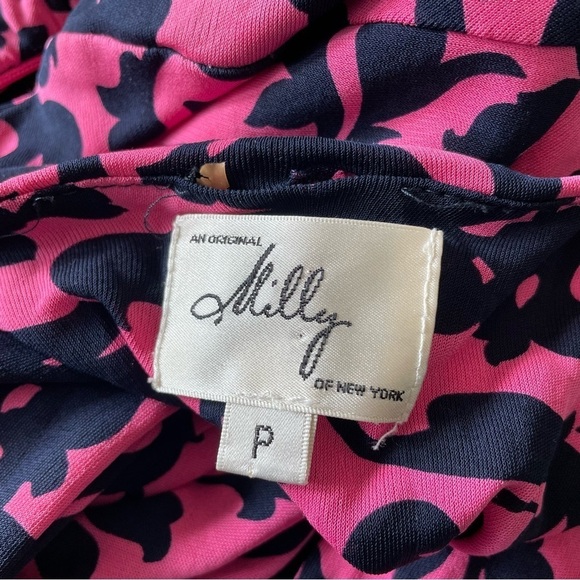 Milly of New York Pink Silk Navy Blue Filagree Floral Print V-Neck Dress Size XS - Picture 5 of 10